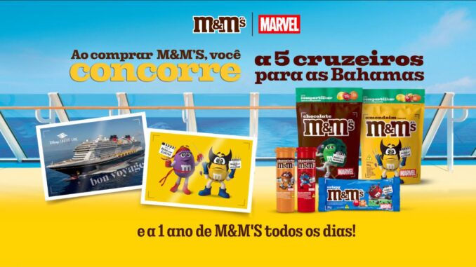 Banner da Promoção M&M's Marvel 2026: ao comprar M&M's, concorra a 5 cruzeiros para as Bahamas pela Disney Cruise Line e a 1 ano de M&M's todos os dias.