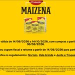 Banner amarelo da Promoção Maizena 2026 com três embalagens do produto e informações sobre sorteio, vale-brinde e junte e troque, válida de 14/08/2026 a 14/10/2026.
