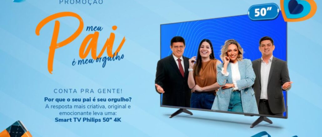 Banner da Promoção Meu Pai é Meu Orgulho da RIC Record Londrina, com apresentadores e Smart TV Philips 50" 4K como prêmio.
