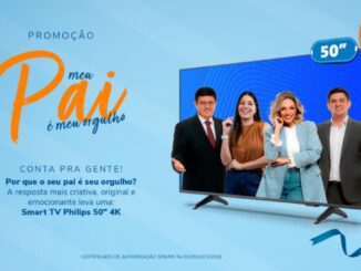 Banner da Promoção Meu Pai é Meu Orgulho da RIC Record Londrina, com apresentadores e Smart TV Philips 50" 4K como prêmio.