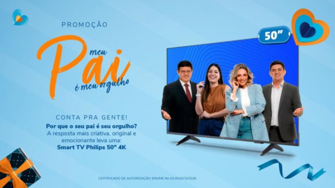 Banner da Promoção Meu Pai é Meu Orgulho da RIC Record Londrina, com apresentadores e Smart TV Philips 50" 4K como prêmio.