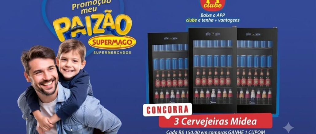 Banner da Promoção Meu Paizão Supermago 2026, com pai e filho sorrindo e três cervejeiras Midea em destaque, válida no Rio Grande RS.