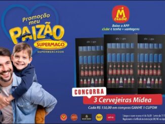 Banner da Promoção Meu Paizão Supermago 2026, com pai e filho sorrindo e três cervejeiras Midea em destaque, válida no Rio Grande RS.