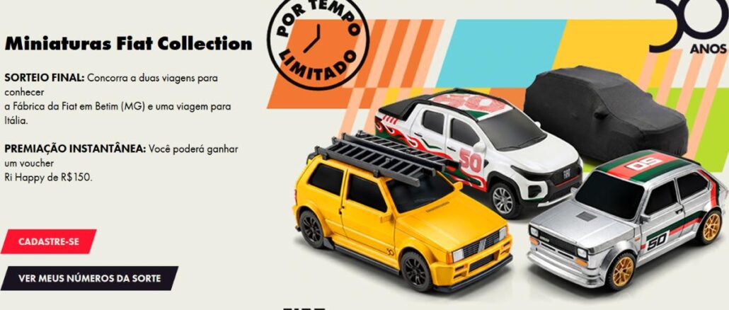 Banner da promoção Miniaturas Fiat Collection 50 Anos, com três miniaturas de carros Fiat clássicos e modernos e informações sobre sorteio e premiação instantânea.