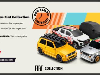 Banner da promoção Miniaturas Fiat Collection 50 Anos, com três miniaturas de carros Fiat clássicos e modernos e informações sobre sorteio e premiação instantânea.