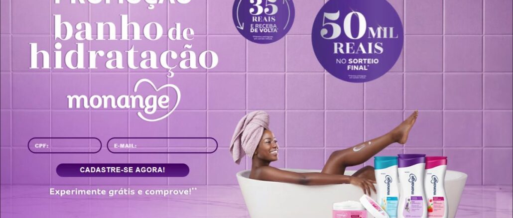 Banner da Promoção Monange Banho de Hidratação: compre R$35 em produtos e receba de volta em cartão virtual, além de concorrer a R$50 mil no sorteio final.