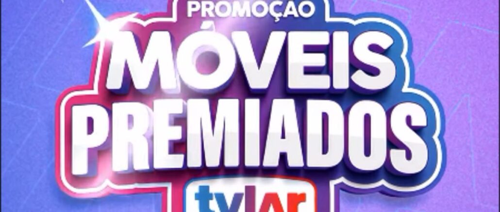 Banner da Promoção Móveis Premiados TVLAR com logotipo em letras brancas sobre fundo roxo e rosa degradê.