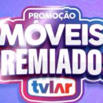 Banner da Promoção Móveis Premiados TVLAR com logotipo em letras brancas sobre fundo roxo e rosa degradê.