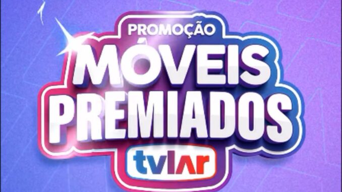 Banner da Promoção Móveis Premiados TVLAR com logotipo em letras brancas sobre fundo roxo e rosa degradê.
