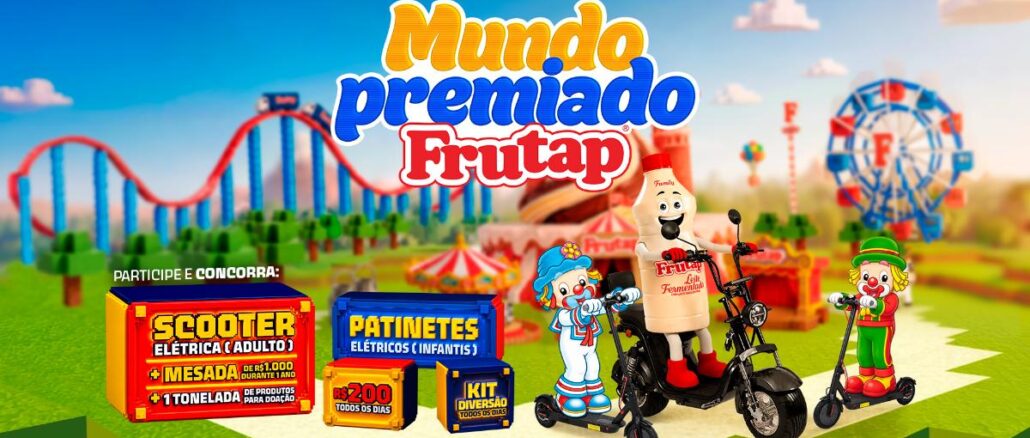 Banner da Promoção Mundo Premiado Frutap com prêmios como scooter elétrica adulto, patinetes elétricos infantis, mesada de R$1.000 durante 1 ano, 1 tonelada de produtos para doação, R$200 todos os dias e Kit Diversão todos os dias.