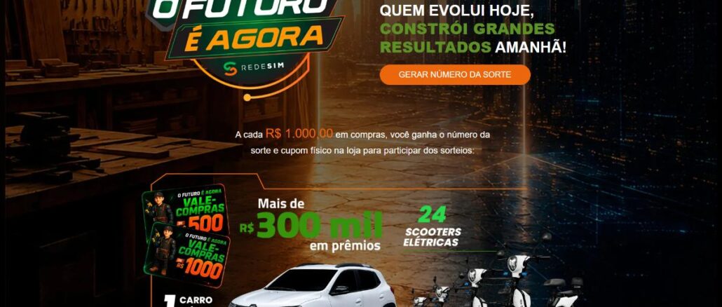 Banner da Promoção O Futuro é Agora da RedeSim, com prêmios de mais de R$300 mil, incluindo 1 carro elétrico 0km e 24 scooters elétricas.