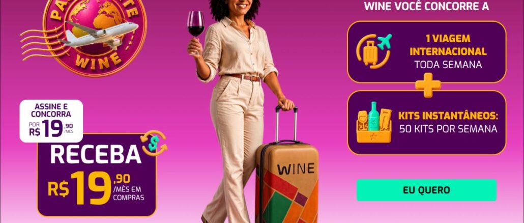 Banner da promoção Passaporte Wine: assine por R$19,90/mês, receba R$19,90 em compras e concorra a uma viagem internacional toda semana e 50 kits instantâneos por semana.