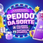 Banner da Promoção Pedido da Sorte do Quero Delivery, válida para Palmeira dos Índios e Santana do Ipanema (AL), com mais de R$8 mil em cashback no app e sorteios quinzenais.