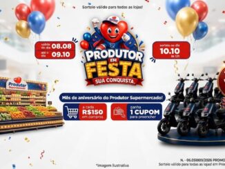 Banner da promoção Produtor em Festa do Produtor Supermercado: a cada R$150 em compras, ganhe 1 cupom para concorrer a 30 motos elétricas. Válida de 08/08 a 09/10/2026, com sorteio em 10/10/2026.