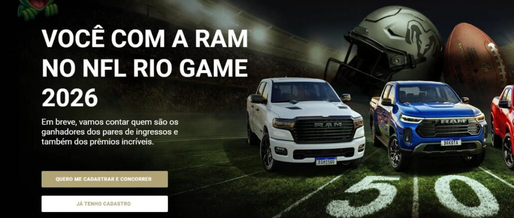 Banner da promoção "Você com a RAM no NFL Rio Game 2026", com picapes RAM 1500, Dakota e outra versão expostas em um campo de futebol americano, ao lado de um capacete e uma bola da NFL.