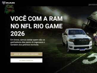 Banner da promoção "Você com a RAM no NFL Rio Game 2026", com picapes RAM 1500, Dakota e outra versão expostas em um campo de futebol americano, ao lado de um capacete e uma bola da NFL.