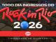 Banner da promoção Rir Rádio Mix 2026 com o texto "Todo Dia Ingressos do Rock in Rio 2026" sobre foto aérea do Parque da Cidade do Rock, com logotipo da Rádio Mix e nota de rodapé indicando ingressos de Gramado.