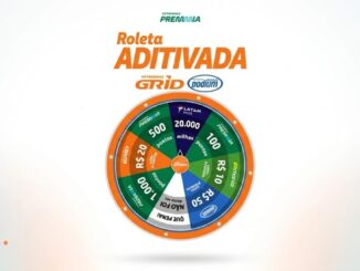 Banner da Roleta Aditivada, promoção dos aditivados GRID e Podium da Petrobras Premmia, com roleta colorida exibindo prêmios como 20.000 milhas LATAM Pass, pontos Premmia, créditos em reais e saldo Premmia.