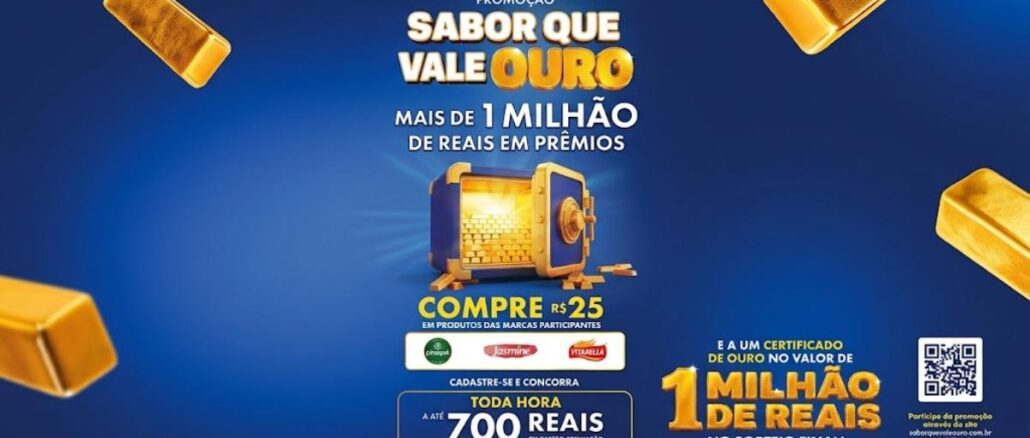Banner da Promoção Sabor Que Vale Ouro, da M. Dias Branco, com prêmios de mais de R$1 milhão, incluindo até R$700 em cartão-premiação a toda hora e um certificado de ouro de R$1 milhão no sorteio final. Marcas participantes: Piraquê, Jasmine e Vitarella.