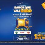 Banner da Promoção Sabor Que Vale Ouro, da M. Dias Branco, com prêmios de mais de R$1 milhão, incluindo até R$700 em cartão-premiação a toda hora e um certificado de ouro de R$1 milhão no sorteio final. Marcas participantes: Piraquê, Jasmine e Vitarella.