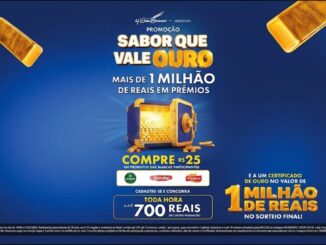Banner da Promoção Sabor Que Vale Ouro, da M. Dias Branco, com prêmios de mais de R$1 milhão, incluindo até R$700 em cartão-premiação a toda hora e um certificado de ouro de R$1 milhão no sorteio final. Marcas participantes: Piraquê, Jasmine e Vitarella.