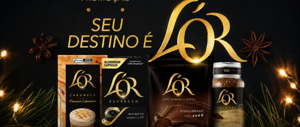 Promoção Seu Destino É L’or Banner da Promoção Seu Destino É L'Or, com produtos da linha L'Or Espresso sobre fundo escuro dourado.