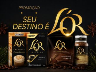 Banner da Promoção Seu Destino É L'Or, com produtos da linha L'Or Espresso sobre fundo escuro dourado.