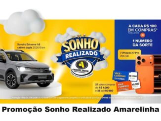 Banner da Promoção Sonho Realizado Amarelinha Supermercados, com prêmios que incluem uma Saveiro Extreme 1.6 cabine dupla 2026 0 km, 7 iPhones 17 Pro 256 GB, 27 vales-compras de R$1.000 e 36 de R$500, válida de 27/08/2026 a 31/12/2026.