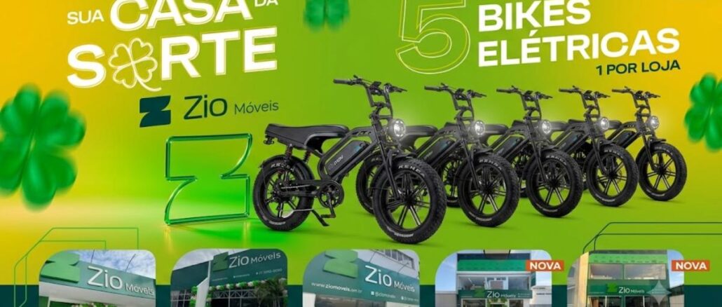 Banner da Promoção Sua Casa Dá Sorte da Zio Móveis no Espírito Santo, com cinco bikes elétricas a serem sorteadas, uma por loja participante.