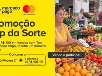 Banner da Promoção Tap da Sorte do Mercado Pago em parceria com a Mastercard: a cada R$100 em vendas com Tap do Mercado Pago, o vendedor recebe um número da sorte para concorrer a 50 iPhones 17 e 4 prêmios de R$100 mil em certificados de barras de ouro.