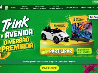 Banner da promoção Trink e Avenida Diversão Premiada, com prêmios de 8 kits Smart TV 55" com Sound Bar e 6 carrinhos elétricos, válida de 17/08/2026 a 22/11/2026, sorteio em 25/11/2026.