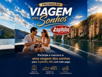 Banner da Promoção Viagem dos Sonhos da Capitólio Alimentos, com casal em lancha nas águas de Capitólio, MG, e informações sobre os prêmios: hotel de primeira linha, passeios de lancha e 4x4, e visita à fábrica.