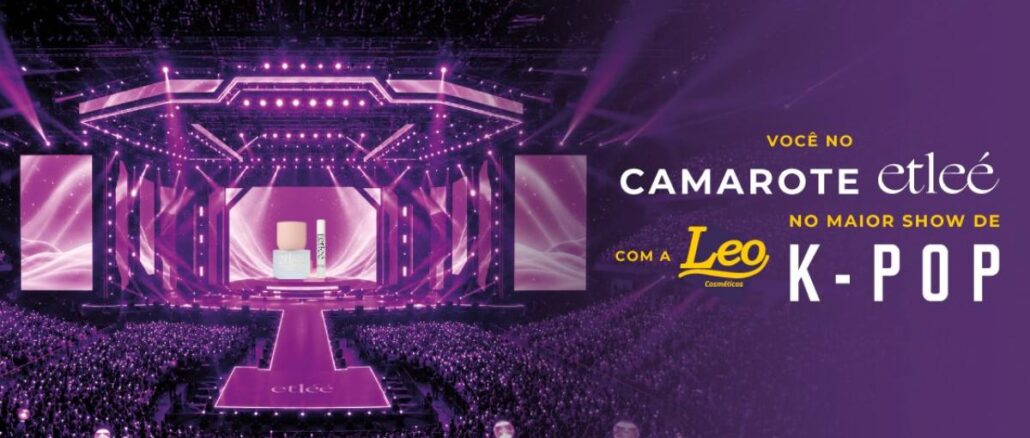 Banner da promoção Você no Camarote Etleé com Leo Cosméticos no Maior Show de K-Pop, com cenário de arena iluminada em roxo e produto Etleé no palco.