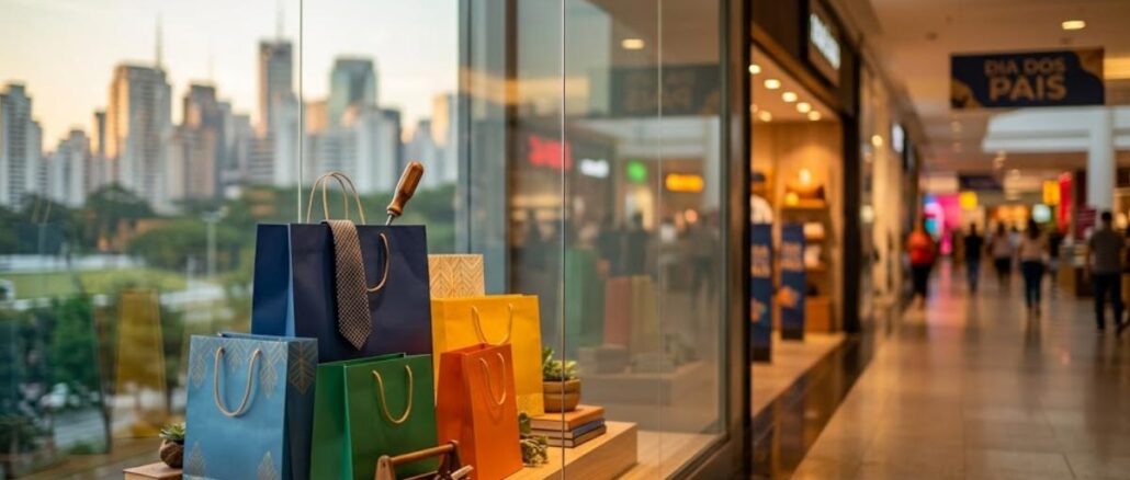Promoções Dia dos Pais em Shoppings Paulistas Vitrine decorada com sacolas de presente coloridas e cartaz "Dia dos Pais" em corredor de shopping paulistano ao entardecer, com skyline de São Paulo ao fundo.
