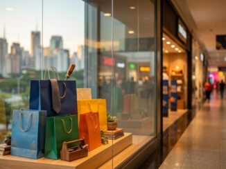 Vitrine decorada com sacolas de presente coloridas e cartaz "Dia dos Pais" em corredor de shopping paulistano ao entardecer, com skyline de São Paulo ao fundo.