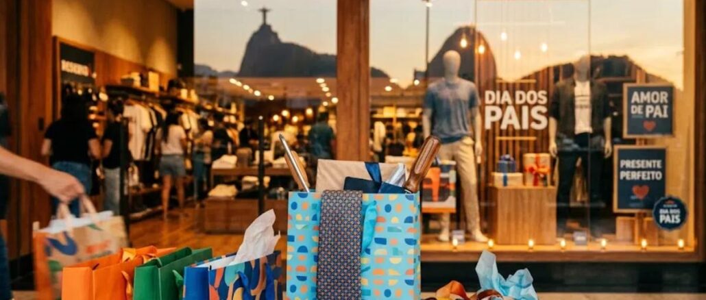 Fachada da loja Reserva em shopping com vitrine decorada para o Dia dos Pais, exibindo presentes embrulhados, gravata azul e sacolas coloridas em primeiro plano.