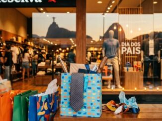 Fachada da loja Reserva em shopping com vitrine decorada para o Dia dos Pais, exibindo presentes embrulhados, gravata azul e sacolas coloridas em primeiro plano.