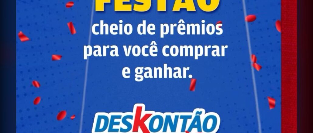 Arte da promoção Raspinha Premiada do Aniversário Deskontão Atacado, com fundo azul, confetes vermelhos e texto "Festão cheio de prêmios para você comprar e ganhar"