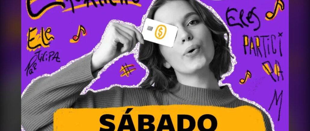 Banner da promoção Sábado Premiado da rádio 98FM de Curitiba, com jovem segurando cartão de crédito em fundo roxo vibrante.