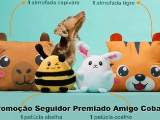 Promoção Seguidor Premiado Amigo Cobasi: almofadas de capivara e tigre com pelúcias de abelha e coelho sobre fundo verde-água, ao lado de um cão.