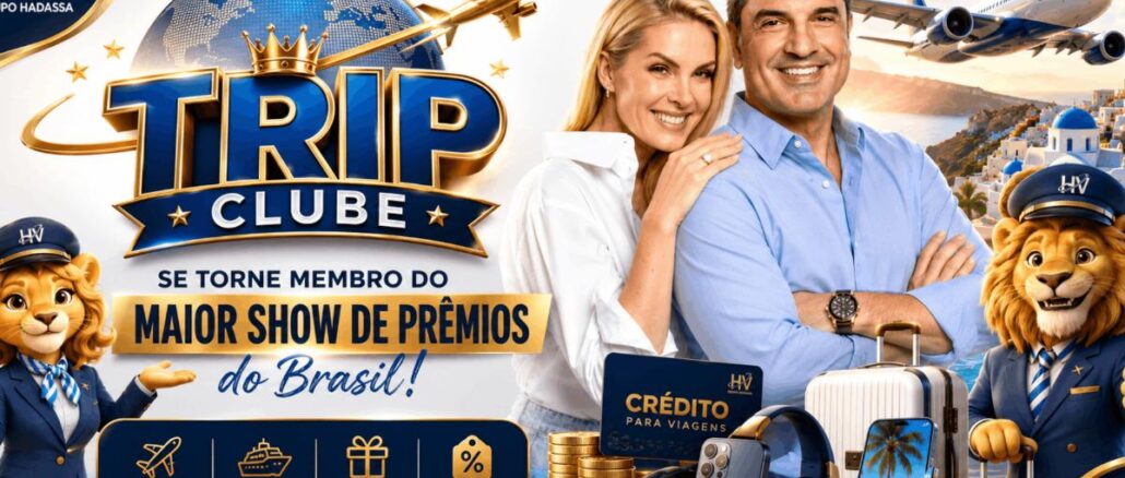 Banner do Trip Clube Hadassa com casal sorridente, leões mascotes fardados e elementos de viagem, destacando créditos, cruzeiros, prêmios e descontos exclusivos.
