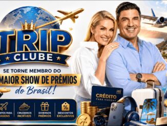 Banner do Trip Clube Hadassa com casal sorridente, leões mascotes fardados e elementos de viagem, destacando créditos, cruzeiros, prêmios e descontos exclusivos.