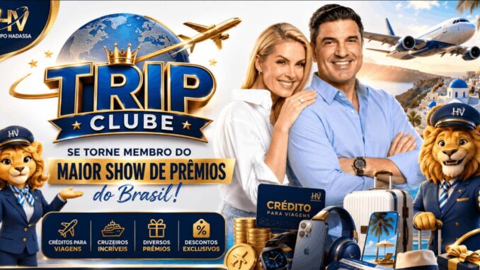 Banner do Trip Clube Hadassa com casal sorridente, leões mascotes fardados e elementos de viagem, destacando créditos, cruzeiros, prêmios e descontos exclusivos.