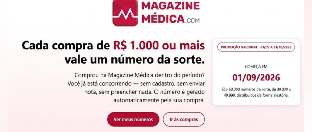 Show de Prêmios Magazine Médica 2026 Banner da promoção Show de Prêmios Magazine Médica 2026, com período de 01/09 a 31/10/2026 e sorteio pela Loteria Federal.