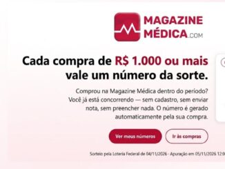 Banner da promoção Show de Prêmios Magazine Médica 2026, com período de 01/09 a 31/10/2026 e sorteio pela Loteria Federal.