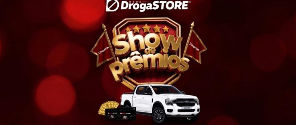 Banner da promoção Show de Prêmios da Rede DrogaSTORE com sorteio de uma Ford Ranger branca, realizado em Rio Verde, Goiás.