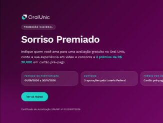 Banner da promoção Sorriso Premiado da Oral Unic: indique alguém para avaliação gratuita, grave um vídeo e concorra a 3 prêmios de R$20.000 em cartão pré-pago, com sorteios pela Loteria Federal de 01/09/2026 a 30/11/2026.