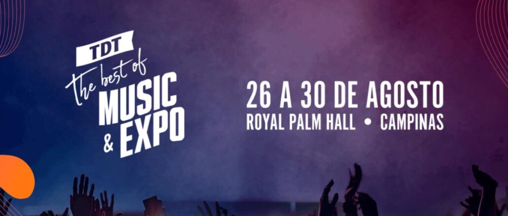 Banner do Sorteio TDT Music & Expo 2026, realizado de 26 a 30 de agosto no Royal Palm Hall, em Campinas.