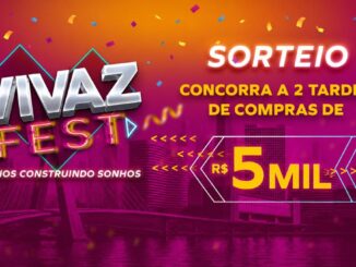 Banner do sorteio Vivaz Fest — 8 anos construindo sonhos — com prêmio de 2 tardes de compras de R$5 mil cada.