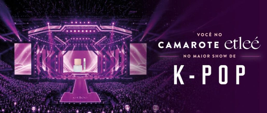 Banner da promoção "Você no Camarote Etleé no Maior Show de K-Pop", com palco iluminado em tons roxos e multidão ao fundo.